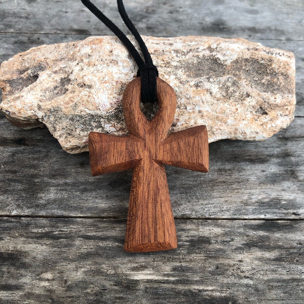 Hand-Carved Mahogany Wooden Ankh Necklace
